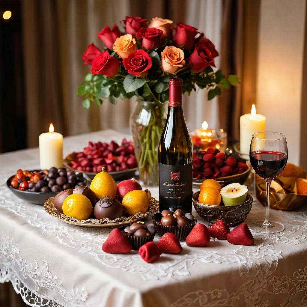 A visually enticing display of various adult treats, like gourmet chocolates, luxurious wine, and exotic fruits, set on an elegant table draped in rich fabrics. Include soft candlelight and a blurred background of a romantic setting to evoke a sense of intimacy and pleasure. Add subtle hints of sensuality, such as delicate lace or rose petals. super-realistic. warm colors. soft focus.