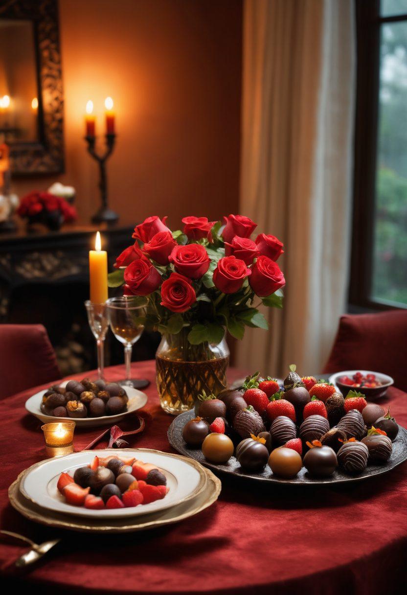 A romantic setting featuring an elegantly set table with various sensual snacks like dark chocolate strawberries, honey-dipped figs, and exotic fruits. Soft, ambient lighting enhances the atmosphere, complemented by a vase of red roses and flickering candles. A couple is playfully feeding each other, embodying connection and intimacy. The background suggests a cozy, inviting space. super-realistic. warm tones. soft focus.