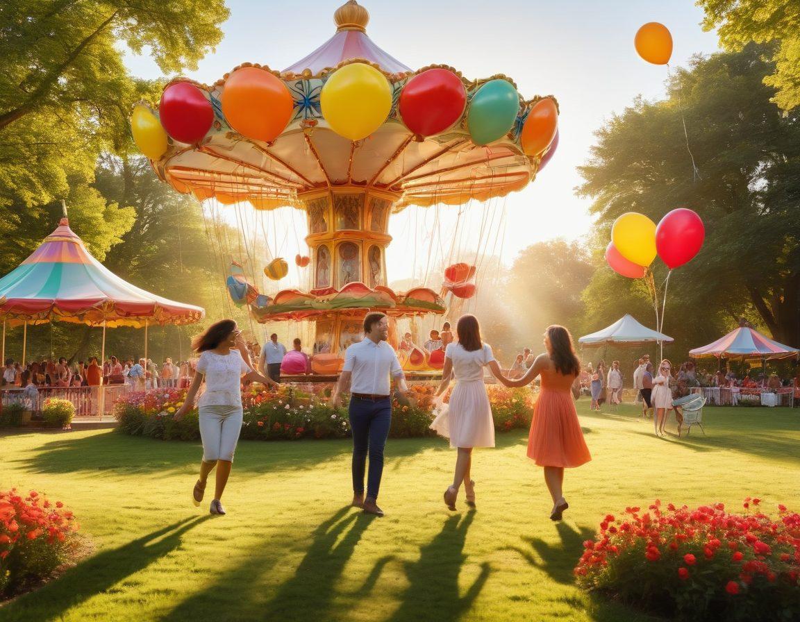 A whimsical scene featuring adults engaged in joyful activities like dancing, laughing, and playing in a vibrant park filled with colorful flowers and oversized balloons. Include a whimsical carousel in the background, and warm, golden sunlight illuminating the scene, evoking a sense of carefree amusement. The atmosphere should feel light-hearted and fun. vibrant colors. super-realistic.